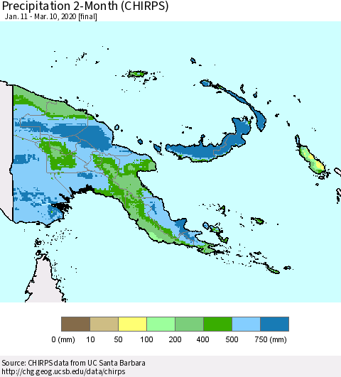Papua New Guinea Precipitation 2-Month (CHIRPS) Thematic Map For 1/11/2020 - 3/10/2020