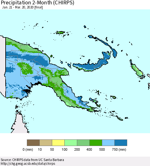 Papua New Guinea Precipitation 2-Month (CHIRPS) Thematic Map For 1/21/2020 - 3/20/2020