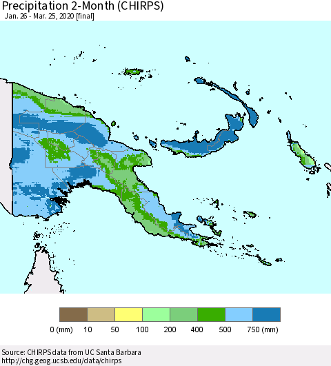 Papua New Guinea Precipitation 2-Month (CHIRPS) Thematic Map For 1/26/2020 - 3/25/2020