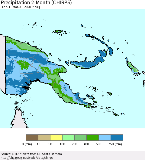 Papua New Guinea Precipitation 2-Month (CHIRPS) Thematic Map For 2/1/2020 - 3/31/2020