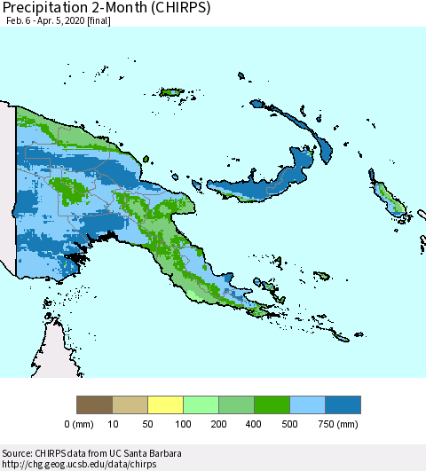 Papua New Guinea Precipitation 2-Month (CHIRPS) Thematic Map For 2/6/2020 - 4/5/2020