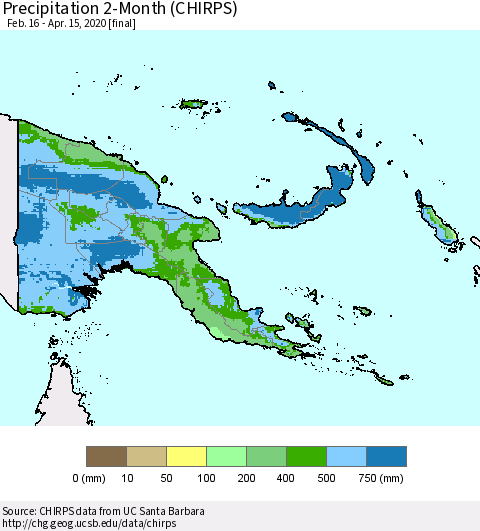 Papua New Guinea Precipitation 2-Month (CHIRPS) Thematic Map For 2/16/2020 - 4/15/2020