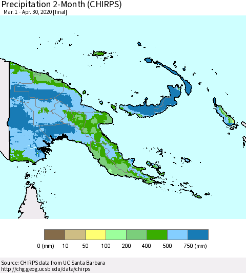 Papua New Guinea Precipitation 2-Month (CHIRPS) Thematic Map For 3/1/2020 - 4/30/2020