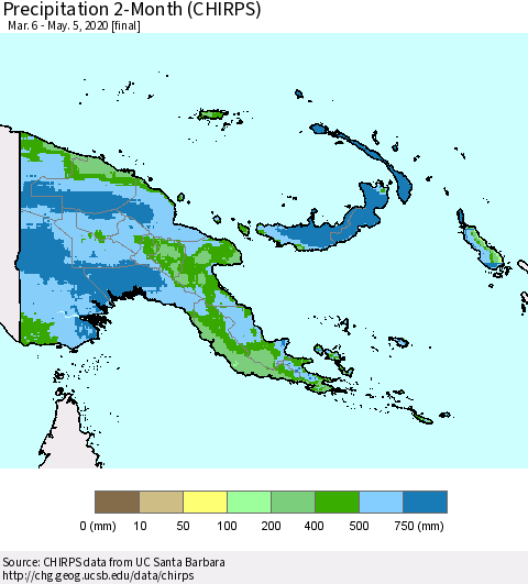 Papua New Guinea Precipitation 2-Month (CHIRPS) Thematic Map For 3/6/2020 - 5/5/2020