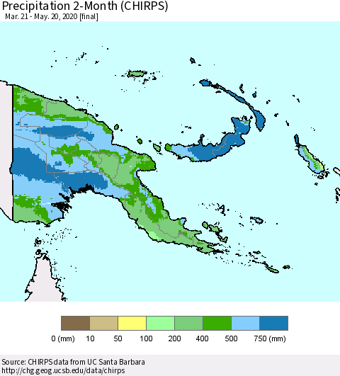 Papua New Guinea Precipitation 2-Month (CHIRPS) Thematic Map For 3/21/2020 - 5/20/2020