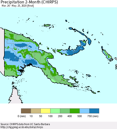 Papua New Guinea Precipitation 2-Month (CHIRPS) Thematic Map For 3/26/2020 - 5/25/2020