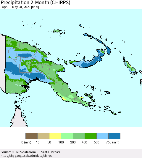 Papua New Guinea Precipitation 2-Month (CHIRPS) Thematic Map For 4/1/2020 - 5/31/2020