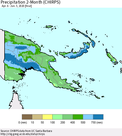 Papua New Guinea Precipitation 2-Month (CHIRPS) Thematic Map For 4/6/2020 - 6/5/2020
