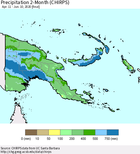 Papua New Guinea Precipitation 2-Month (CHIRPS) Thematic Map For 4/11/2020 - 6/10/2020