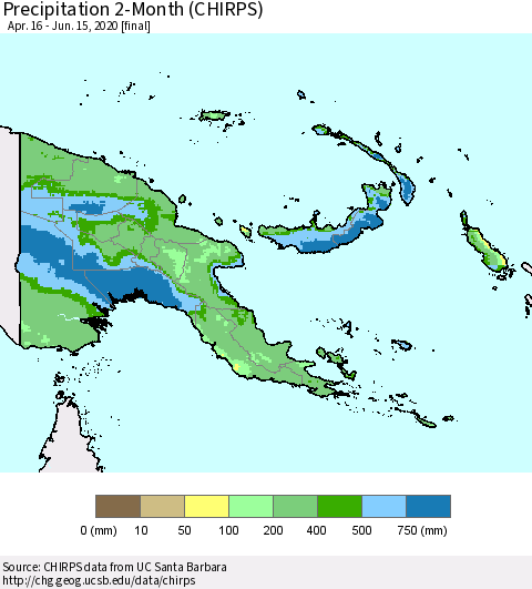 Papua New Guinea Precipitation 2-Month (CHIRPS) Thematic Map For 4/16/2020 - 6/15/2020