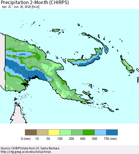 Papua New Guinea Precipitation 2-Month (CHIRPS) Thematic Map For 4/21/2020 - 6/20/2020