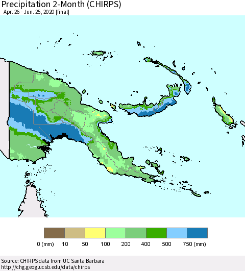 Papua New Guinea Precipitation 2-Month (CHIRPS) Thematic Map For 4/26/2020 - 6/25/2020