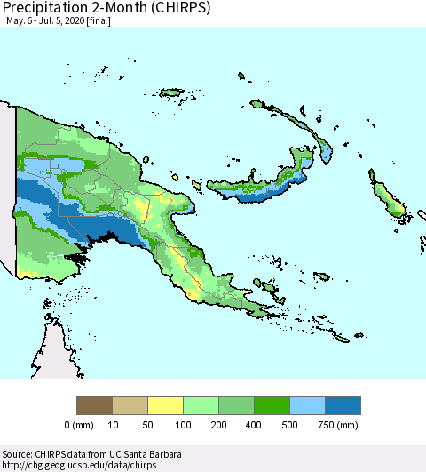 Papua New Guinea Precipitation 2-Month (CHIRPS) Thematic Map For 5/6/2020 - 7/5/2020