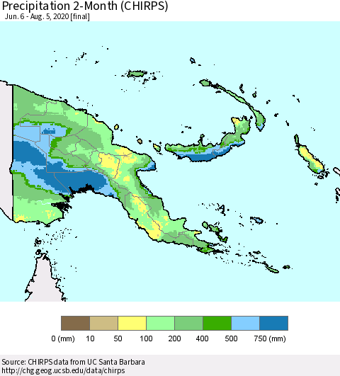 Papua New Guinea Precipitation 2-Month (CHIRPS) Thematic Map For 6/6/2020 - 8/5/2020
