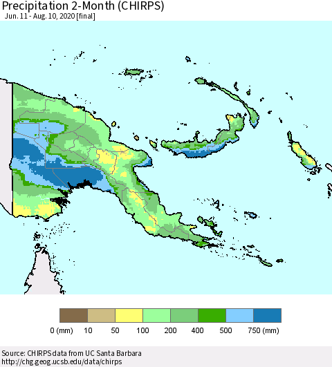 Papua New Guinea Precipitation 2-Month (CHIRPS) Thematic Map For 6/11/2020 - 8/10/2020
