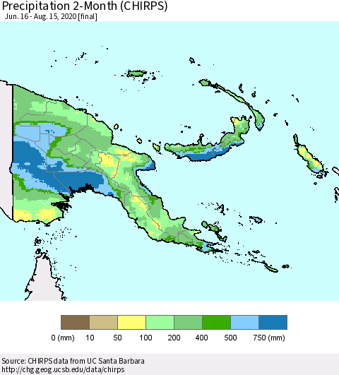 Papua New Guinea Precipitation 2-Month (CHIRPS) Thematic Map For 6/16/2020 - 8/15/2020