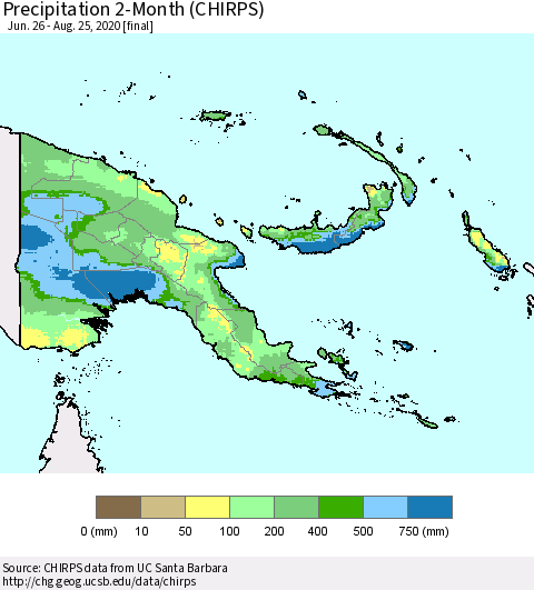 Papua New Guinea Precipitation 2-Month (CHIRPS) Thematic Map For 6/26/2020 - 8/25/2020