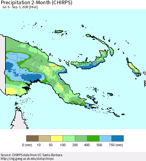 Papua New Guinea Precipitation 2-Month (CHIRPS) Thematic Map For 7/6/2020 - 9/5/2020