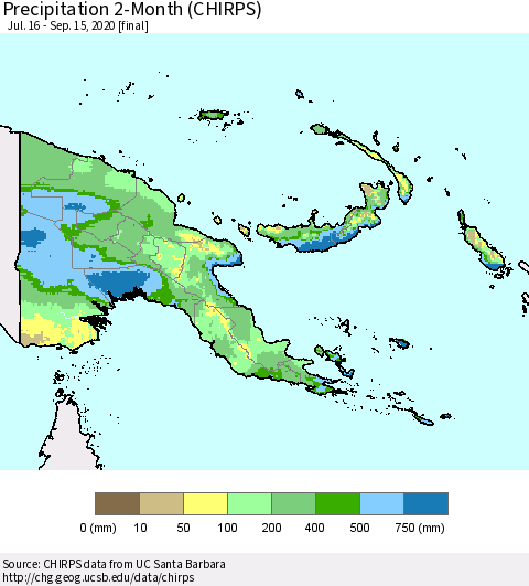 Papua New Guinea Precipitation 2-Month (CHIRPS) Thematic Map For 7/16/2020 - 9/15/2020