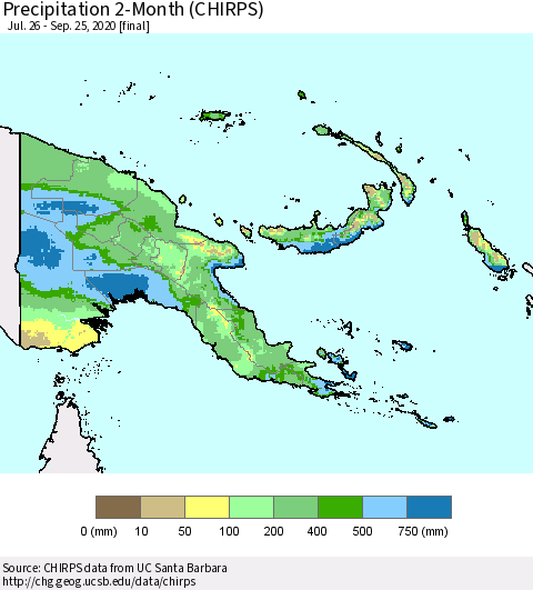Papua New Guinea Precipitation 2-Month (CHIRPS) Thematic Map For 7/26/2020 - 9/25/2020