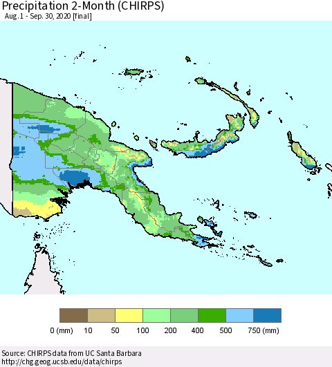 Papua New Guinea Precipitation 2-Month (CHIRPS) Thematic Map For 8/1/2020 - 9/30/2020