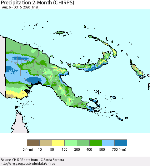 Papua New Guinea Precipitation 2-Month (CHIRPS) Thematic Map For 8/6/2020 - 10/5/2020
