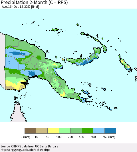 Papua New Guinea Precipitation 2-Month (CHIRPS) Thematic Map For 8/16/2020 - 10/15/2020