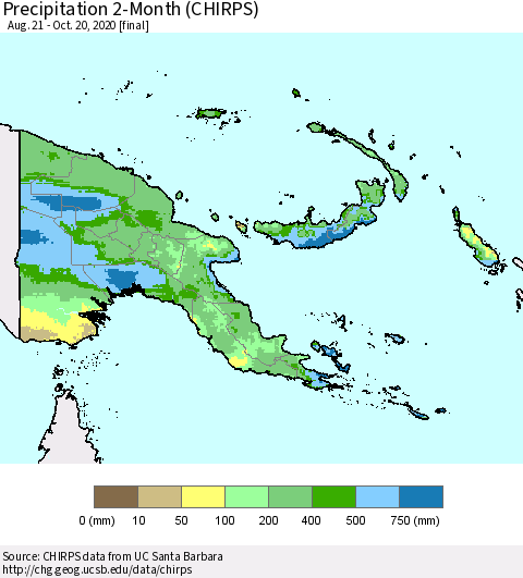 Papua New Guinea Precipitation 2-Month (CHIRPS) Thematic Map For 8/21/2020 - 10/20/2020