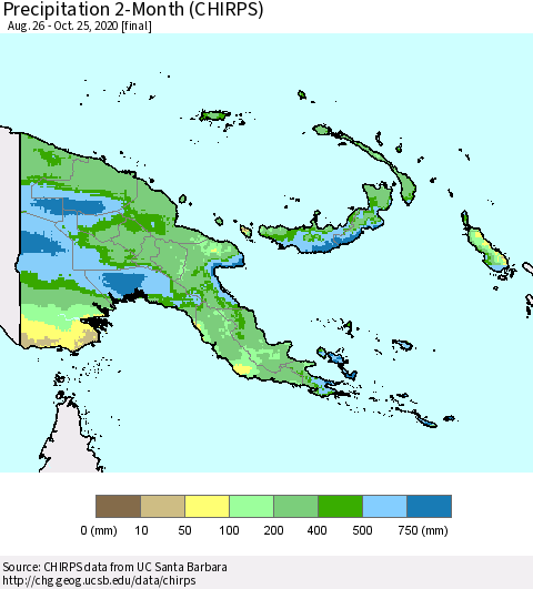 Papua New Guinea Precipitation 2-Month (CHIRPS) Thematic Map For 8/26/2020 - 10/25/2020