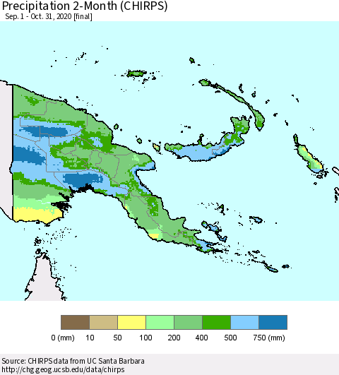 Papua New Guinea Precipitation 2-Month (CHIRPS) Thematic Map For 9/1/2020 - 10/31/2020