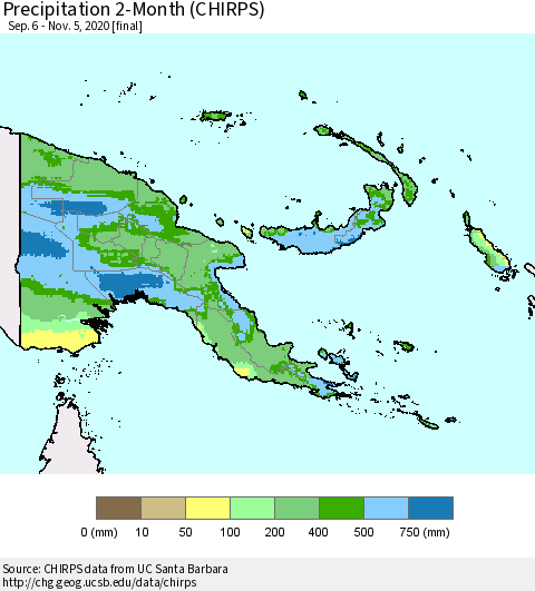Papua New Guinea Precipitation 2-Month (CHIRPS) Thematic Map For 9/6/2020 - 11/5/2020
