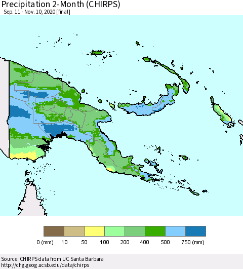 Papua New Guinea Precipitation 2-Month (CHIRPS) Thematic Map For 9/11/2020 - 11/10/2020