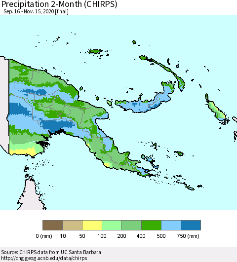 Papua New Guinea Precipitation 2-Month (CHIRPS) Thematic Map For 9/16/2020 - 11/15/2020