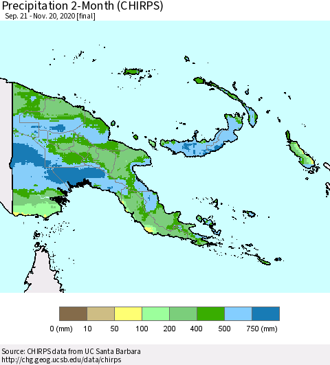 Papua New Guinea Precipitation 2-Month (CHIRPS) Thematic Map For 9/21/2020 - 11/20/2020
