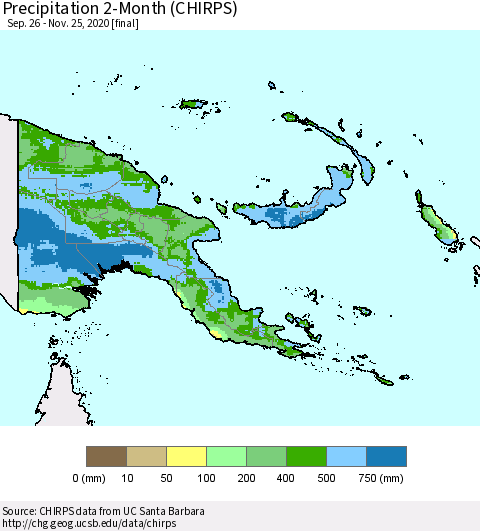 Papua New Guinea Precipitation 2-Month (CHIRPS) Thematic Map For 9/26/2020 - 11/25/2020