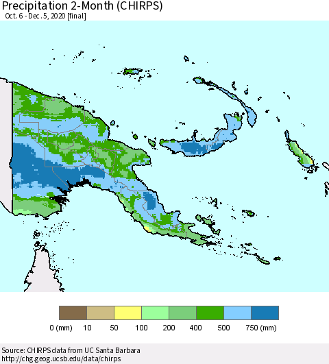 Papua New Guinea Precipitation 2-Month (CHIRPS) Thematic Map For 10/6/2020 - 12/5/2020