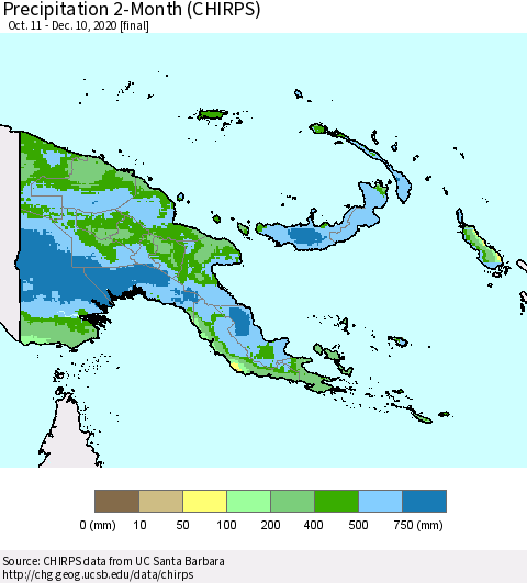 Papua New Guinea Precipitation 2-Month (CHIRPS) Thematic Map For 10/11/2020 - 12/10/2020