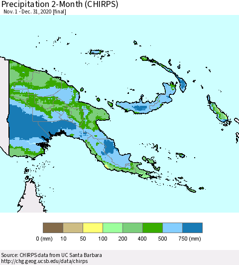 Papua New Guinea Precipitation 2-Month (CHIRPS) Thematic Map For 11/1/2020 - 12/31/2020