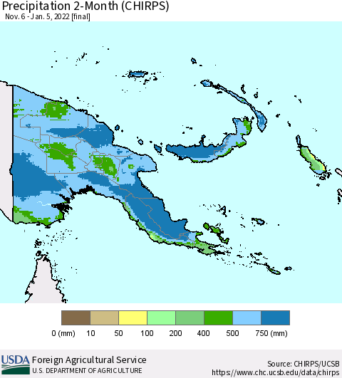 Papua New Guinea Precipitation 2-Month (CHIRPS) Thematic Map For 11/6/2021 - 1/5/2022