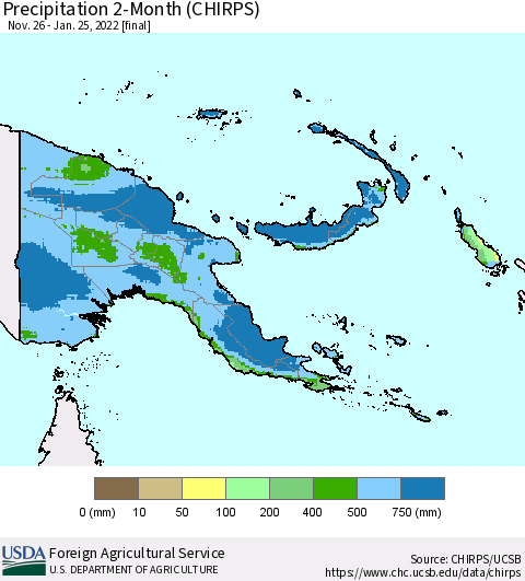 Papua New Guinea Precipitation 2-Month (CHIRPS) Thematic Map For 11/26/2021 - 1/25/2022