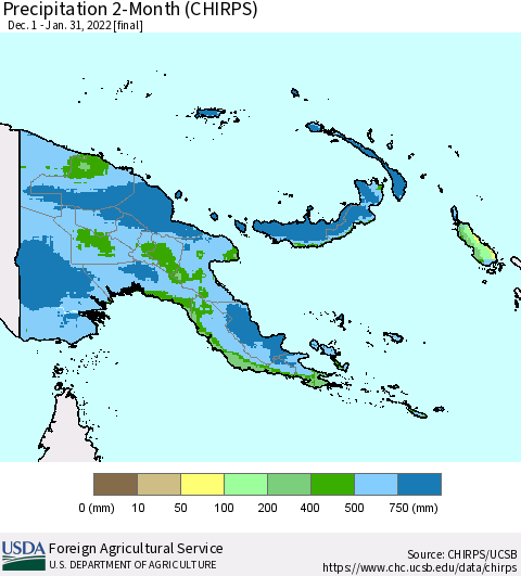 Papua New Guinea Precipitation 2-Month (CHIRPS) Thematic Map For 12/1/2021 - 1/31/2022