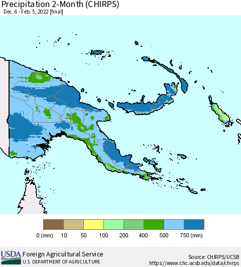 Papua New Guinea Precipitation 2-Month (CHIRPS) Thematic Map For 12/6/2021 - 2/5/2022
