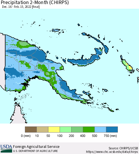 Papua New Guinea Precipitation 2-Month (CHIRPS) Thematic Map For 12/16/2021 - 2/15/2022