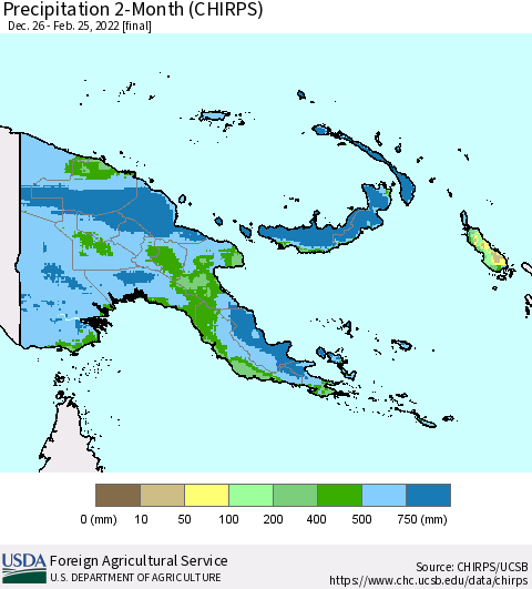 Papua New Guinea Precipitation 2-Month (CHIRPS) Thematic Map For 12/26/2021 - 2/25/2022