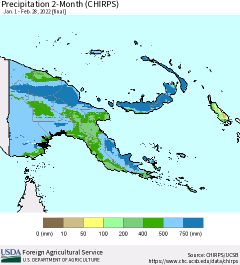Papua New Guinea Precipitation 2-Month (CHIRPS) Thematic Map For 1/1/2022 - 2/28/2022