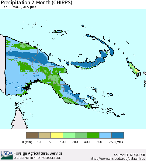 Papua New Guinea Precipitation 2-Month (CHIRPS) Thematic Map For 1/6/2022 - 3/5/2022