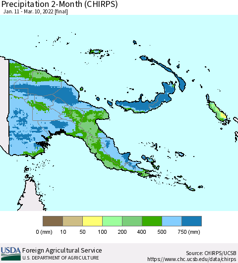 Papua New Guinea Precipitation 2-Month (CHIRPS) Thematic Map For 1/11/2022 - 3/10/2022