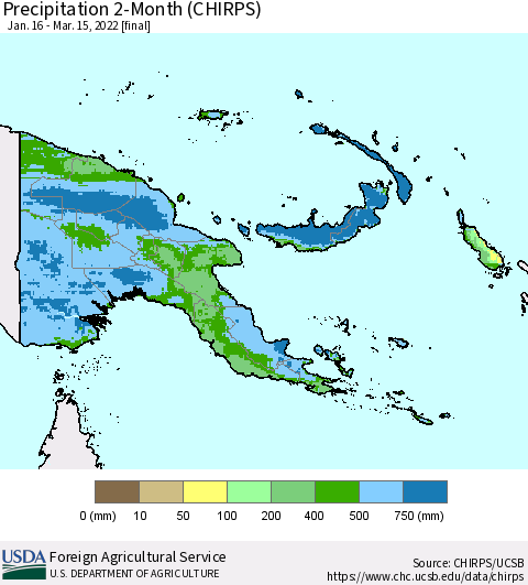 Papua New Guinea Precipitation 2-Month (CHIRPS) Thematic Map For 1/16/2022 - 3/15/2022