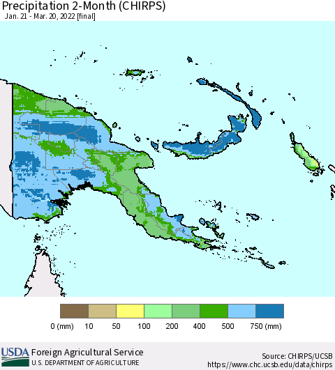 Papua New Guinea Precipitation 2-Month (CHIRPS) Thematic Map For 1/21/2022 - 3/20/2022