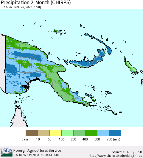 Papua New Guinea Precipitation 2-Month (CHIRPS) Thematic Map For 1/26/2022 - 3/25/2022